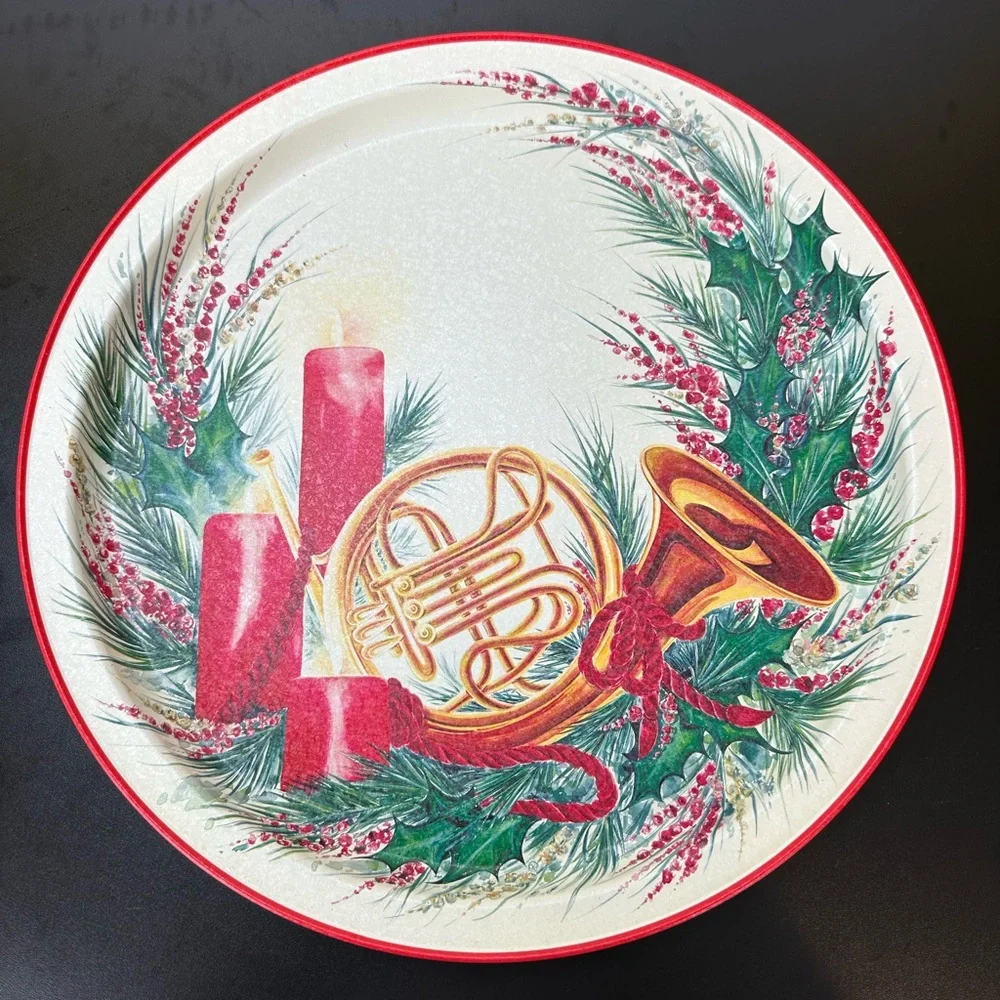 Vtg 90's Prettique Joyeux Noel Christmas Metal Round Tray Candles‎ French Horn